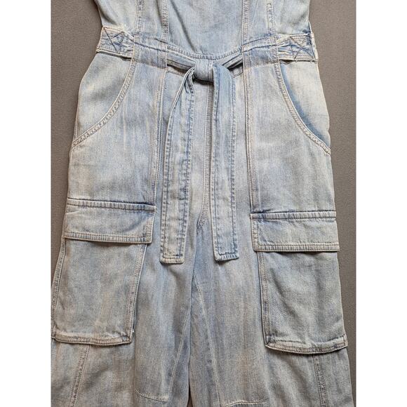 Free People Womens Small Blue Jean Denim Jumpsuit Romper Pockets Belt Go West - Picture 4 of 16